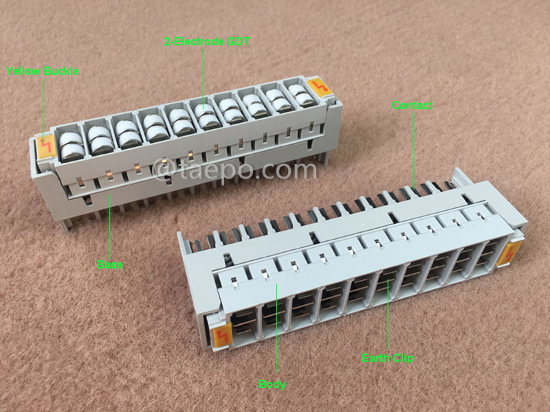 Illustration pictures for 10 pairs 2-pole over-voltage protection magazine for LSA module, with GDT arrester