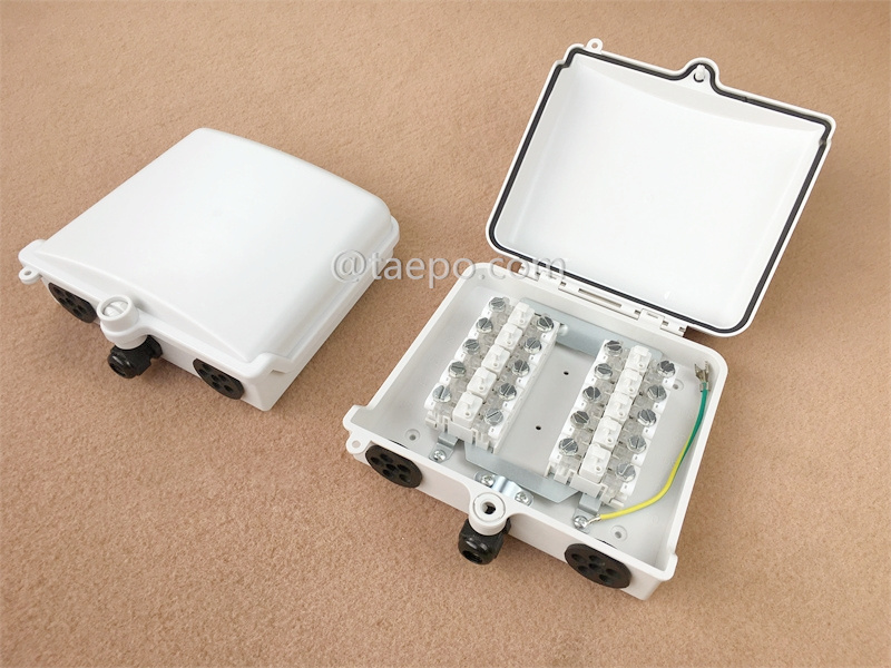 Outdoor 10 pairs distribution point box for STB module, 200x185x70mm, scew snap locking, plastic housing, with STB module with over-voltage protection