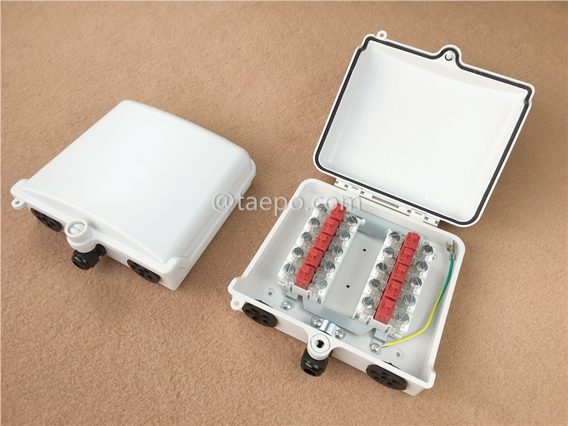 Outdoor 10 pairs distribution point box for STB module, 200x185x70mm, scew snap locking, plastic housing, with STB module with over-voltage protection