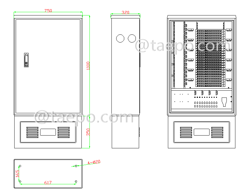 Drawing for Outdoor SMC fiber street cabinet, SC, 288 fibers, single-sided, single door, plastic case splitter type, with 10 plastic case slots