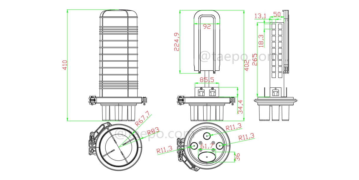 Drawing for Fiber optic splice closure (FOSC), vertical type, heat shrink sealing, SC/APC 36 fibers