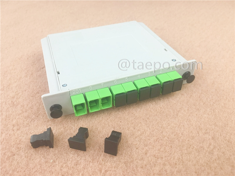 Fiber optic splitter, PLC, casette type, G657A, 1x8, 0.9mm loose tube, with SC/APC connector, adapter